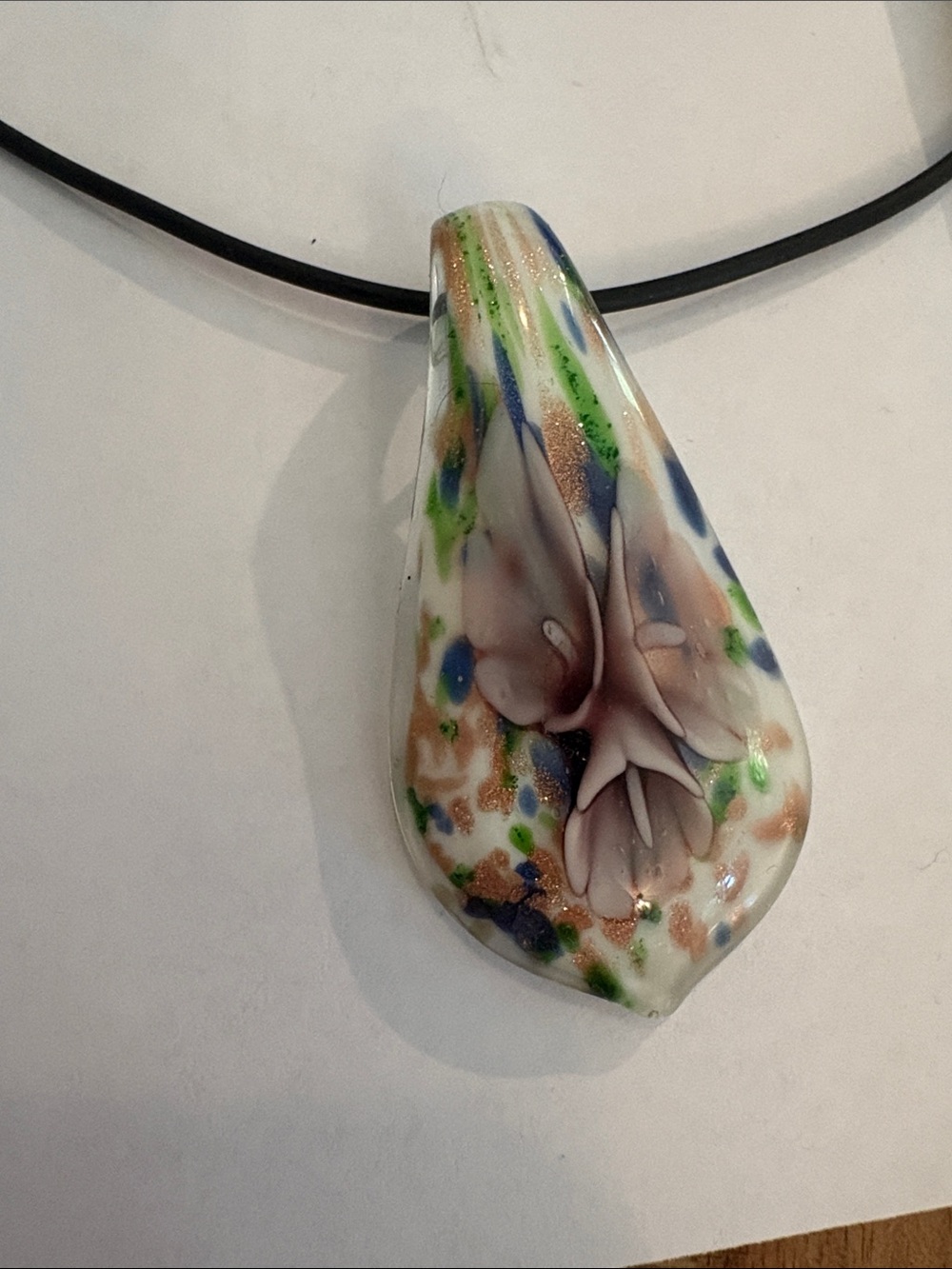 Hand-Blown Glass Floral Teardrop Pendant Necklace - Multicolor